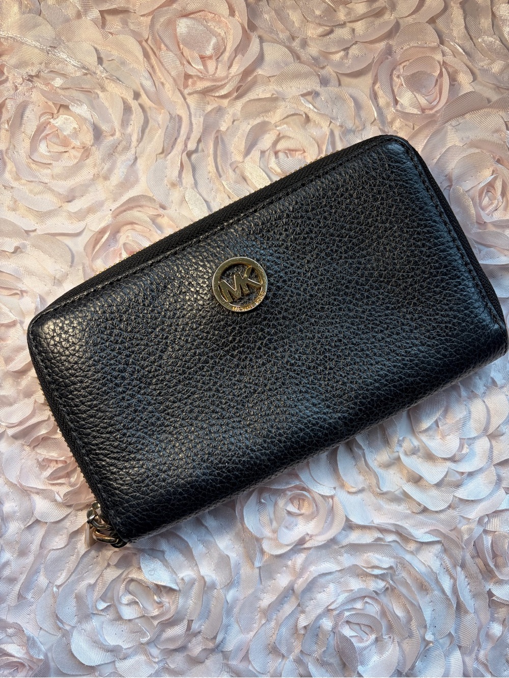 Michael Kors Black Pebbled Leather Zip Wallet with Gold MK Medallion